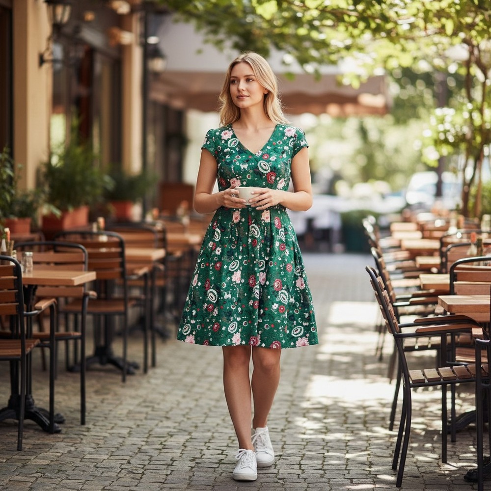 ModCloth Womens Green Floral Paisley Fit & Flare Dress V-Neck Cap Sleeve 2X